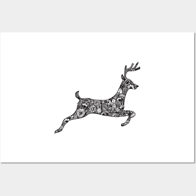 Monochrome zentangle Christmas jumping reindeer Wall Art by TheHermitCrab